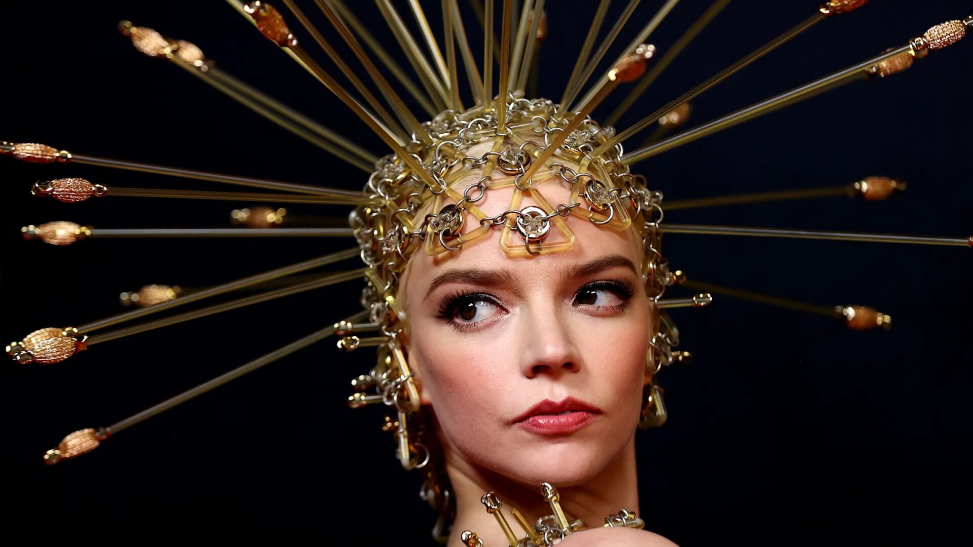 Anya Taylor Joy photographed wearing vintage headpiece from Paco Rabanne