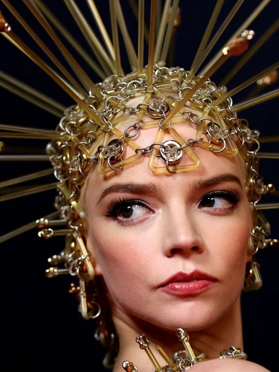 Anya Taylor Joy photographed wearing vintage headpiece from Paco Rabanne